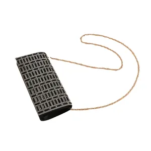 Black rhinestone clutch bag for women, elegant crystal evening bag with chain for party event.