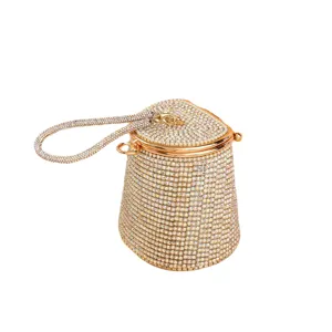 Sparkling rhinestone bucket evening bag for women luxury crystal party handbag gold frame
