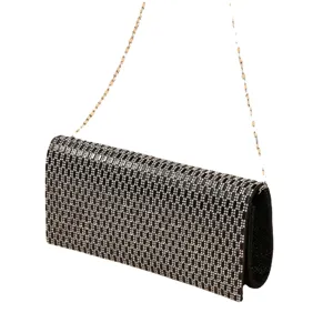 Sparkling rhinestone evening clutch bag with metal chain strap for party wedding event.