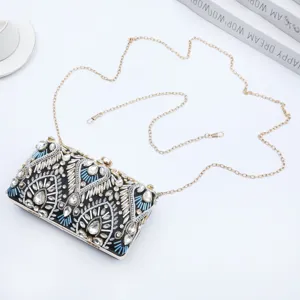 Black rhinestone beaded evening clutch bag with gold chain strap for women banquet party.