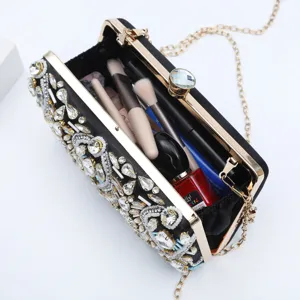Stunning black rhinestone beaded evening clutch bag shown open with gold chain strap