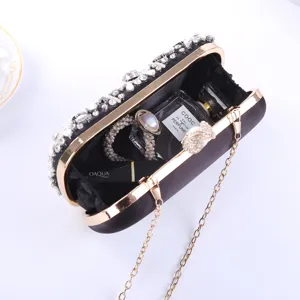 Black rhinestone evening clutch bag with chain strap elegant crystal bridal wedding purse