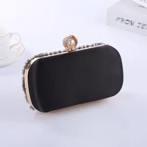 Elegant black satin evening clutch bag with rhinestones and pearl clasp for women parties.