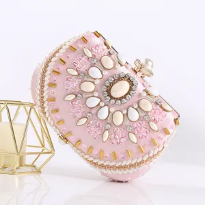 Damen Abendtasche Handgemachte Perlenbestickung Satin Acryl Strass Clutch Handtasche Hochzeit Party Umhängetasche Kettenbeutel