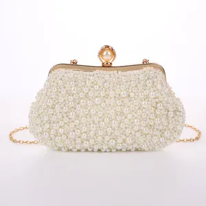 Elegant pearl evening clutch bag with gold chain, perfect for wedding party, dress and cheongsam.