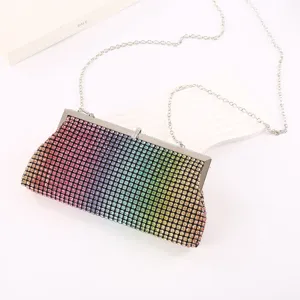Stunning rainbow rhinestone evening clutch bag with silver chain strap for women party.