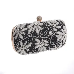 Black beaded evening clutch bag with rhinestones, elegant bridal purse for wedding party.