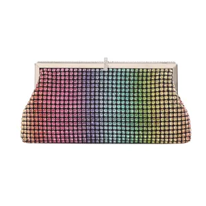 Stunning rainbow rhinestone evening clutch bag with metal frame for women luxury party.