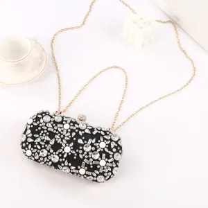 Elegant black rhinestone evening clutch bag with chain strap for women party dress prom