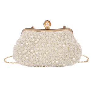 Elegant Pearl Evening Clutch Bag Women Wedding Bridal Handbag Gold Metal Chain Purses