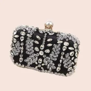 Femme Strass Perles Brodé Sac de Soirée Pochette Satin Mariage Fête Sac à Main Pendentif Cristal de Luxe
