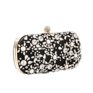 Elegant black rhinestone evening clutch bag with gold-tone hardware for women's party wear