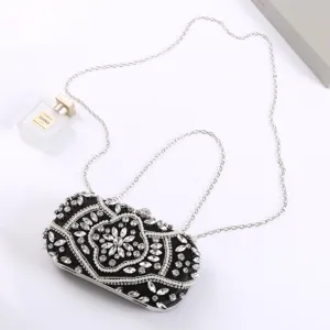 Black rhinestone beaded evening clutch bag with silver chain strap for women formal dress.