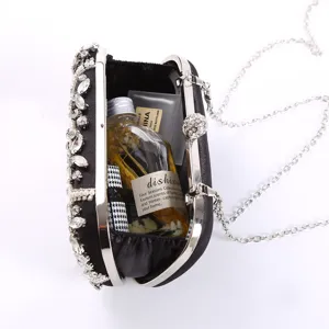 Black crystal rhinestone evening clutch bag with chain strap and elegant satin design for women.