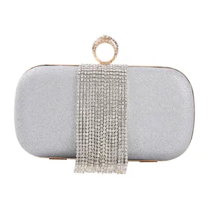 Silver glitter evening clutch bag with ring clasp and rhinestone tassels for women party dress.