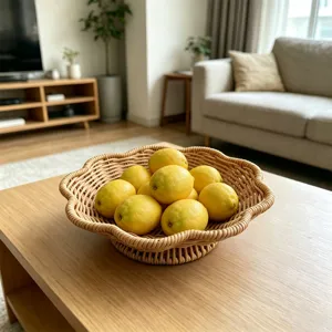 Nahaufnahme eines handgefertigten Aufbewahrungstabletts aus Rattan auf einem Couchtisch.
