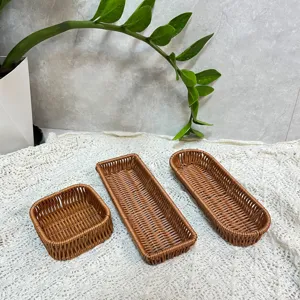 Imitation Rattan Tableware Storage Basket Plastic Draining Basket Bread Fruit Basket Kitchen Organizer Woven Storage Bin