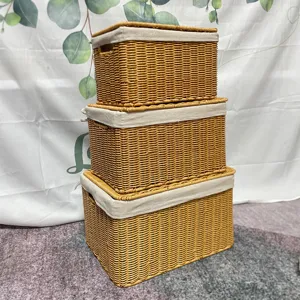 Conjunto de cestas de mimbre sintético con tapa vista detallada para el hogar