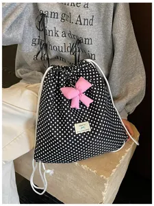Sac à dos cordon à pois mignon avec nœud rose, sac de loisirs élégant détail.
