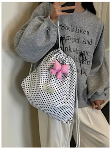 Sac à dos à pois avec nœud rose mignon, sac à cordon tendance pour style quotidien et loisir.
