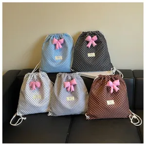 Joli sac à dos à cordon avec pois et nœud rose cartable mignon pour le quotidien style