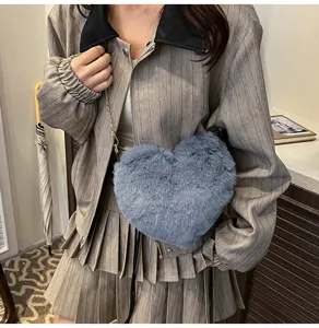 Detailed view of fluffy heart crossbody bag, blue plush furry texture with chain strap.
