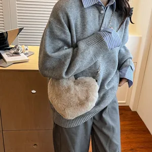 Autumn winter fashion plush heart shaped crossbody bag cute fuzzy chain shoulder bag for women