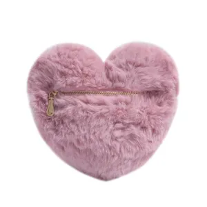 Cute pink heart-shaped plush crossbody bag, soft fuzzy faux fur shoulder bag for women.