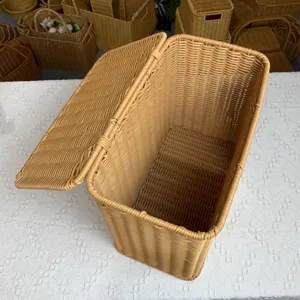 Geflochtener Aufbewahrungskorb mit Deckel, Rattan Optik Organizer Box fuer Heim und Buero.