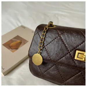 Brown quilted chain shoulder bag for women, classic flap design with metal turn lock.