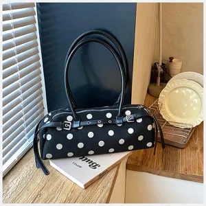 Korean style black and white polka dot shoulder bag, casual trendy baguette bag for women.