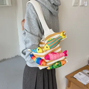 Sac cabas d'épaule tricoté à motif de poisson de dessin animé mignon pour la plage