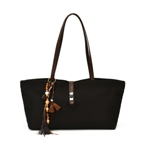 Black Canvas Tote Bag with Brown Straps and Tassel Pendant Vintage Commuter Handbag
