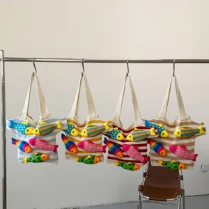 Sac cabas en tricot rayé avec poissons 3D mignon sac d'épaule décontracté de plage