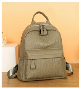 Casual retro leather backpack detail, stylish daily school bag for students and women.