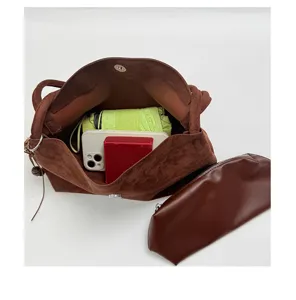Brown suede tote bag large capacity shoulder bag with small pouch daily casual handbag detail view.