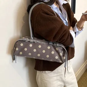 Women's vintage polka dot suede shoulder bag stylish casual baguette bag daily purse