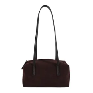 Sac bandoulière marron en suédine pour femme cabas rétro élégant sac porté épaule chic.