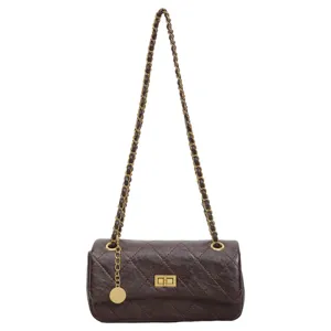 Stylish brown quilted chain shoulder bag for women, classic flap design for daily commute.