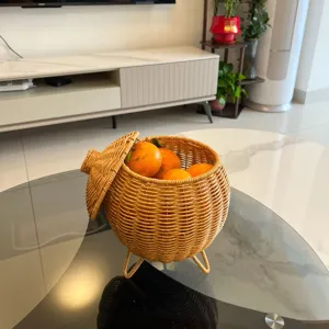 Handwoven imitation rattan storage basket with lid and tripod design for home organization.