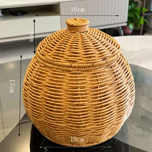 Handmade rattan woven storage basket with lid, desktop sundries organizer for home decor use