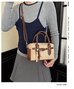 Retro women boston handbag vintage chic canvas contrast leather shoulder crossbody bag.