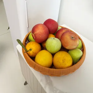 Kunststoff Gewebter Aufbewahrungskorb Runde Imitation Rattan Obst Gemüse Behälter Retro Desktop Organizer Für Zuhause