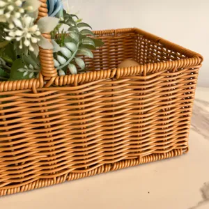 Square imitation rattan woven storage basket detail shot, pastoral style floral basket for home decor.