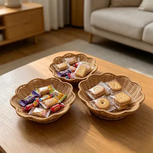 Handgeflochtener Rattan Obst Snack Korb Blumenform Couchtisch Desktop Aufbewahrung Tablett