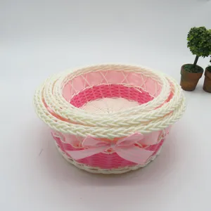 Panier de Rangement en Plastique Tissé Organisateur de Bureau Boîte de Rangement avec Nœud pour Bureau Maison