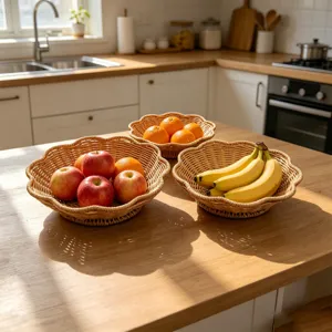 Rattan Optik Kunststoff Gewebt Obst Snack Aufbewahrungskorb Wellenrand Desktop Organizer Tablett