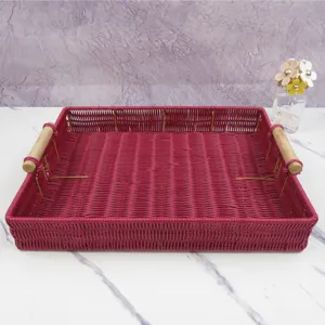 Woven storage tray with wooden handles decorative rattan basket for living room desktop organization