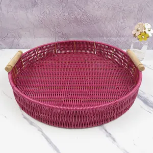 Round imitation rattan serving tray with wood handles, perfect for home tabletop organization.