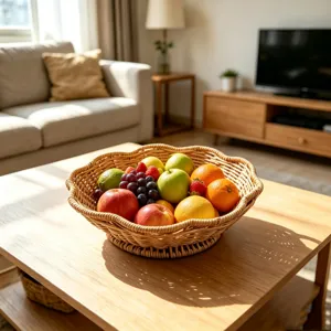Handgewebter Korb aus Rattanimitation zur Aufbewahrung von Obst auf dem Couchtisch im Wohnzimmer